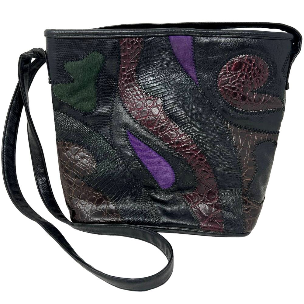 Vintage 90s Accessory Works Leather Croc Suede Patch Shoulder Bag Black Purple